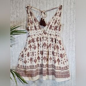 Beyond the Radar Boho Mini Dress Tassel Tie Back Cream Burgundy Small
